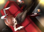  1girl 2017 alcohol animal_ears black_bow black_bowtie black_leotard black_shoes bottle bow bowtie brown_eyes brown_hair bunny_tail bunnysuit couch covered_navel cup dated detached_collar drinking_glass dutch_angle fake_animal_ears fishnet_pantyhose fishnets from_above glass kantai_collection kasu_kazu leotard looking_at_viewer on_couch pantyhose rabbit_ears shoes short_hair signature sitting solo strapless strapless_leotard table tail thigh_gap wakaba_(kantai_collection) wine_bottle wrist_cuffs 