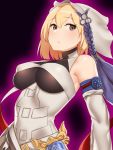  1girl angela_(lord_of_vermilion_iii) angela_(lord_of_vermilion_iii)_(cosplay) arched_back bangs beltskirt black_background blonde_hair blush breasts brown_eyes cleavage cosplay detached_sleeves djeeta_(granblue_fantasy) eyebrows_visible_through_hair glowing granblue_fantasy hair_between_eyes halterneck highres looking_at_viewer lord_of_vermilion_iii medium_breasts nezuko parted_lips robe short_hair solo turtleneck underbust upper_body veil 