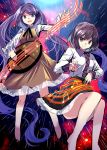  &gt;:) &gt;:d 2girls :d barefoot biwa_lute black_hair black_skirt blue_eyes brown_dress brown_eyes collared_shirt dress e.o. full_body hairband highres instrument long_hair long_sleeves looking_at_viewer low_twintails lute_(instrument) multiple_girls musical_note open_mouth purple_hair shirt short_hair siblings sisters skirt smile star touhou tsukumo_benben tsukumo_yatsuhashi twintails very_long_hair white_shirt 