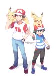  2boys age_difference animal animal_on_head animal_on_shoulder anniversary baseball_cap black_hair brown_eyes brown_hair capri_pants denim hand_in_pocket hat highres holding holding_poke_ball jeans male_focus mei_(maysroom) multiple_boys on_head one_eye_closed pants pikachu poke_ball pokemon pokemon_(anime) pokemon_(creature) pokemon_(game) pokemon_sm pokemon_sm_(anime) raglan_sleeves red_(pokemon) red_(pokemon)_(sm) satoshi_(pokemon) shadow shirt shoes short_hair signature simple_background smile sneakers striped striped_shirt t-shirt v white_background z-ring 