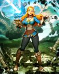  1girl blonde_hair blue_eyes braid fingerless_gloves genzoman gloves grass guardian_(breath_of_the_wild) hair_ornament hairclip leaf open_mouth pointy_ears princess_zelda solo the_legend_of_zelda the_legend_of_zelda:_breath_of_the_wild 
