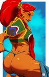  1girl ass dark_skin gerudo green_eyes highres jewelry lipstick looking_at_viewer makeup muscle muscular_female naavs pointy_ears redhead skirt skirt_removed smile solo the_legend_of_zelda the_legend_of_zelda:_breath_of_the_wild thong urbosa 