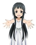  1girl :d black_eyes black_hair collarbone dress grey_ribbon long_hair looking_at_viewer open_mouth outstretched_arm simple_background sleeveless sleeveless_dress smile solo standing sundress sword_art_online very_long_hair white_background white_dress yui_(sao) 