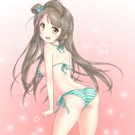  1girl ass bikini bow brown_eyes brown_hair emmmp from_behind gradient gradient_background green_bikini hair_bow leaning_forward long_hair looking_at_viewer love_live! love_live!_school_idol_project minami_kotori one_side_up pink_background side-tie_bikini side_ponytail solo striped striped_bikini swimsuit 
