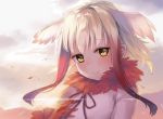  1girl absurdres brown_eyes crested_ibis_(kemono_friends) fur_collar gradient_hair head_wings highres kemono_friends looking_at_viewer multicolored_hair short_hair short_hair_with_long_locks smile solo sunrise taira_(pixiv9613131) white_hair wind 
