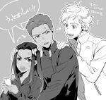  1girl 2boys anger_vein beard cellphone emil_nekola facial_hair hands_on_another&#039;s_shoulders hood hoodie jacket michele_crispino monochrome multiple_boys open_mouth phone sara_crispino smartphone smile track_jacket translation_request uhouho14 yuri!!!_on_ice 