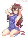  1girl 2017 albinoraccoon aran_sweater armpits artist_name backless_outfit bangs bare_shoulders blue_dress blue_legwear blue_sweater breasts brown_eyes brown_hair d.va_(overwatch) dated dress eyebrows_visible_through_hair eyes_visible_through_hair facepaint facial_mark hair_between_eyes hair_ribbon halterneck hands_in_hair highres kneehighs long_hair looking_at_viewer medium_breasts meme_attire naked_sweater no_bra open-back_dress open_mouth overwatch red_ribbon ribbed_sweater ribbon round_teeth seiza sideboob signature simple_background sitting sleeveless sleeveless_turtleneck solo sweater sweater_dress teeth turtleneck turtleneck_sweater virgin_killer_sweater watermark web_address whisker_markings white_background 