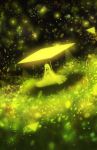  1girl ahoge commentary contrast dress dutch_angle fantasy glowing grass highres light_particles long_hair looking_at_viewer original sakimori_(hououbds) scenery shade sitting solo texture yellow 
