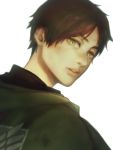  1boy artist_name brown_hair cape emblem eren_yeager eyebrows green_eyes lips looking_at_viewer looking_back parted_lips rosel-d shingeki_no_kyojin short_hair signature simple_background solo white_background 