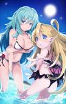  2girls :o ahoge aqua_hair ass ball beachball bikini blonde_hair blue_eyes blush breasts carrying_under_arm cleavage dutch_angle eyebrows_visible_through_hair hand_on_thigh highres large_breasts leaning_forward long_hair looking_at_viewer looking_back mary_skelter multiple_girls nanameda_kei official_art outdoors outstretched_arm outstretched_hand parted_lips rapunzel_(mary_skelter) sleeping_beauty_(mary_skelter) slit_pupils sun swimsuit water wet 