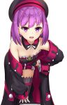 1girl bare_shoulders black_legwear blush detached_sleeves fate/grand_order fate_(series) flat_chest hat helena_blavatsky_(fate/grand_order) leaning_forward looking_at_viewer open_mouth p!nta purple_hair short_hair smile solo strapless thigh-highs tree_of_life violet_eyes 