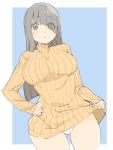  1girl absurdres black_hair breasts brown_eyes clothes_lift cowboy_shot donguri_suzume dress dutch_angle eyebrows_visible_through_hair eyes_visible_through_hair gluteal_fold hair_over_one_eye hand_on_hip highres large_breasts long_sleeves original panties ribbed_sweater simple_background sketch sleeves_past_wrists solo sweater sweater_dress sweater_lift turtleneck turtleneck_sweater underwear white_panties 