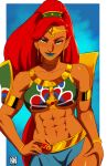 1girl abs dark_skin gerudo green_eyes highres jewelry lipstick looking_at_viewer makeup midriff muscle muscular_female naavs navel pointy_ears redhead smile solo the_legend_of_zelda the_legend_of_zelda:_breath_of_the_wild urbosa 