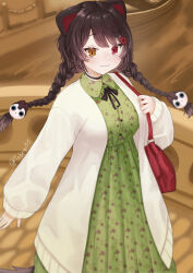  1girl :3 absurdres animal_ears animal_hair_ornament arm_at_side bag braid braided_twintails breasts brown_hair closed_mouth collared_dress commentary_request cowboy_shot dog_ears dog_girl dog_tail dress empire_waist flower_hairclip green_dress handbag heterochromia highres inui_toko inui_toko_(fall_casual) jacket long_dress long_sleeves looking_at_viewer low_twin_braids low_twintails medium_breasts neck_ribbon nijisanji no_headwear official_alternate_costume pleated_dress print_dress red_bag red_eyes ribbon smile solo swept_bangs tail tebingo twin_braids twintails virtual_youtuber white_jacket yellow_eyes 