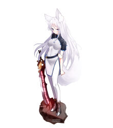  1girl absurdres animal_ear_fluff animal_ears arm_behind_back belt blue_eyes covered_navel full_body high_heels highres holding_own_arm jewelry long_hair maguro27 necklace original pants planted planted_sword solo standing sword tail variant_set very_long_hair weapon white_background white_hair white_pants 