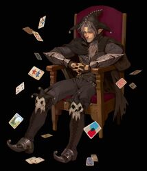  1boy absurdres armor bell belt black_nails boots bracer card cloak crimzon_ruze earrings fine_art_parody fingerless_gloves gloves grey_hair hat highres holostars holostars_english interlocked_fingers jester_cap jewelry jingle_bell joker_(playing_card) lace-up_boots multiple_belts official_alternate_costume own_hands_together parody playing_card pointed_footwear pointy_ears poleyn ponytail screetuber sitting skull solo stanczyk_(painting) torn_cloak torn_clothes uno_(game) violet_eyes virtual_youtuber 