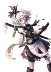  1girl 2017 absurdres black_gloves black_ribbon fingerless_gloves gloves green_eyes hair_ribbon headband highres holding konpaku_youmu koumajou_densetsu koumajou_densetsu_2 looking_at_viewer ribbon short_hair silver_hair sword touhou watermark weapon white_background 