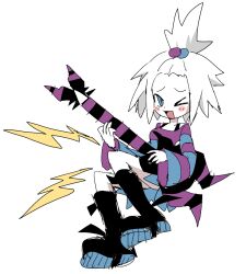  >_o 1girl black_boots blue_eyes blush blush_stickers boots dress electricity full_body guitar hair_bobbles hair_ornament holding holding_guitar holding_instrument instrument long_sleeves monoa_(choco0218) one_eye_closed open_mouth pokemon pokemon_bw2 roxie_(pokemon) simple_background sitting smile solo striped_clothes striped_dress topknot two-tone_dress white_background white_hair 
