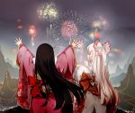  2girls absurdres aerial_fireworks anger_vein annoyed arms_up black_hair bow closed_eyes commentary_request fireworks floral_print from_behind fujiwara_no_mokou hair_bow highres houraisan_kaguya japanese_clothes kamigakushi_no_cho_sakura long_hair mountain multiple_girls obi red_bow sash sky touhou white_bow white_hair wide_sleeves 