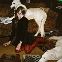  1girl animal bingi black_bow black_dress blonde_hair blue_eyes board_game book bow carpet chess chess_piece chessboard couch dog dress earrings hair_ornament hair_over_shoulder hand_on_floor hand_on_own_knee highres indoors jewelry living_room looking_at_another looking_at_viewer on_floor original ouija pantyhose pet red_pantyhose sitting yokozuwari 