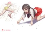  2girls akagi_(kantai_collection) all_fours barefoot beans bikini black_hair eating faceplant feet hakama_skirt japanese_clothes kantai_collection kinu_(kantai_collection) long_hair lying misumi_(niku-kyu) multiple_girls muneate on_stomach pleated_skirt red_skirt redhead short_hair skirt soles swimsuit tasuki toes twitter_username white_background 