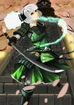  1girl armor armored_boots black_ribbon boots cherry_blossoms dual_wielding grey_eyes hair_ribbon hairband highres hiragana_(gomasyabu) holding holding_sword holding_weapon katana konpaku_youmu konpaku_youmu_(ghost) looking_at_viewer neck_ribbon outstretched_arms petals ribbon short_hair silver_hair solo stairs sword touhou weapon 