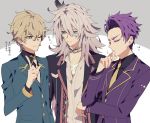  3boys blonde_hair closed_eyes dark_skin fate/apocrypha fate/extra fate/grand_order fate_(series) formal gawain_(fate/extra) green_eyes lancelot_(fate/grand_order) long_hair male_focus multiple_boys one_eye_closed purple_hair saber_of_black short_hair simple_background smile suit syubare white_hair 