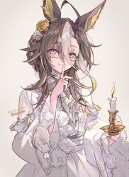  1girl alternate_costume animal_ears black_hair blue_eyes blush bow bowtie candle candlelight candlestand dream_journey_(snow-white_dreamland)_(umamusume) dream_journey_(umamusume) dress finger_to_face finger_to_mouth flower glasses hair_flower hair_ornament holding holding_candle horse_ears horse_girl looking_at_viewer multicolored_hair official_alternate_costume pointing pointing_up simple_background smile solo streaked_hair umamusume welchino white_background white_dress white_streaks 