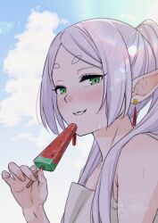  1girl bare_shoulders blue_sky blush commentary_request earrings elf food frieren green_eyes grin highres hogerarara holding holding_food holding_popsicle jewelry long_hair parted_bangs pointy_ears popsicle sky smile solo sousou_no_frieren sweat twintails upper_body watermelon_bar white_hair 