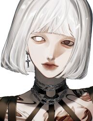  1girl aegyo_sal blunt_bangs bob_cut brown_eyes chain chain_necklace chest_tattoo cross cross_earrings earrings head_tilt heterochromia highres jewelry kasahara_iji multiple_necklaces necklace original portrait red_lips short_hair solo tattoo white_eyes white_hair 