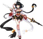  1girl ahoge ara_han black_hair braid breasts cleavage dress elsword full_body heterochromia holding holding_weapon little_specter_(elsword) long_hair looking_at_viewer low-tied_long_hair mask mask_on_head medium_breasts official_art polearm red_eyes smile solo spear transparent_background very_long_hair weapon white_legwear yellow_eyes 