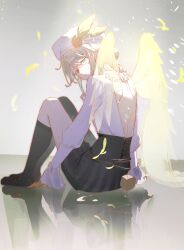  1boy androgynous angel_wings asymmetrical_legwear backless_outfit bishounen black_corset black_pantyhose black_shoes black_shorts black_socks blonde_hair blue_eyes corset edgar_valden edgar_valden_(golden_ratio) expressionless falling_feathers feathered_wings feathers frilled_shirt_collar frilled_sleeves frills full_body hair_between_eyes highres identity_v kneehighs knees_up light_particles looking_at_viewer looking_back male_focus official_alternate_costume pantyhose pba_471 puffy_shorts puffy_sleeves reflective_floor shirt shoes shorts sidelocks single_leg_pantyhose sitting socks solo striped_clothes striped_shorts uneven_legwear vertical-striped_clothes vertical-striped_shorts white_shirt wings yellow_wings 