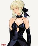  1girl 2017 bangs bare_shoulders black_bow black_choker black_dress black_ribbon blonde_hair bow braid breasts choker cleavage closed_mouth dated dress elbow_gloves eyebrows_visible_through_hair fate/grand_order fate/stay_night fate_(series) french_braid gloves hair_bow hair_ribbon lips looking_away medium_breasts pink_lips ribbon saber saber_alter short_hair sidelocks simple_background sleeveless sleeveless_dress solo standing takssmask upper_body white_background yellow_eyes 