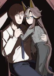  1boy 1girl animal_ears black_hair black_pants blue_necktie brown_eyes brown_hair collared_shirt colored_inner_animal_ears dream_journey_(umamusume) green_hair grey_shirt hair_between_eyes hand_on_another's_arm hand_on_another's_back highres horse_ears horse_girl horse_tail long_hair looking_at_viewer multiple_girls necktie pants shirt shirt_tucked_in short_hair solokitsune tail trainer_(umamusume) umamusume very_long_hair white_shirt 