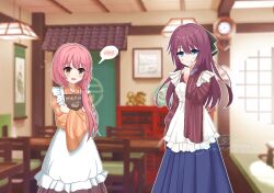  2girls :p apron bilingual_commentary blue_eyes blue_hakama blurry blurry_background blush cafe chinese_commentary closed_mouth commentary_request cowboy_shot eyes_visible_through_hair flying_sweatdrops frilled_apron frills fuchuangzi_summerwind hair_between_eyes hakama hand_up holding holding_menu index_finger_raised indoors japanese_clothes kimono kurama_koharu long_hair long_sleeves looking_at_viewer low_ponytail maid maid_apron maniwa_roka menu mixed-language_commentary multiple_girls official_alternate_costume official_alternate_hairstyle orange_kimono outline pink_hair pixel_art ponytail red_hair red_kimono senren_banka side-by-side signature smile speech_bubble split_mouth spoken_blush striped_clothes striped_kimono sweatdrop tongue tongue_out vertical-striped_clothes vertical-striped_kimono wa_maid watermark white_apron white_outline wide_sleeves yellow_eyes 
