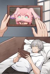  1boy absurdres bed black_pants blue_eyes bonz0616 caelus_(honkai:_star_rail) game_screenshot_inset highres honkai:_star_rail honkai_(series) mem_(honkai:_star_rail) on_bed pants picture_frame pillow shirt smile trailblazer_(honkai:_star_rail) white_shirt 