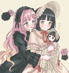 2girls anyoji_hime black_dress black_flower black_hair black_hairband black_rose blonde_hair blue_eyes blush bob_cut bonnet brown_dress character_doll commentary_request doll dress flower frilled_bonnet frilled_sleeves frills gothic_lolita gradient_hair green_eyes hairband highres hug hug_from_behind juliet_sleeves link!_like!_love_live! lolita_fashion lolita_hairband long_hair long_sleeves love_live! momose_ginko multicolored_hair multiple_girls neck_ribbon nervous_sweating official_alternate_costume pink_flower pink_hair pink_rose poupee_en_lotus_(love_live!) puffy_sleeves pukupuku_(puku_shiohime) raised_inner_eyebrows red_ribbon ribbon rose short_hair sweat sweet_lolita very_long_hair virtual_youtuber wavy_mouth white_bonnet yuri