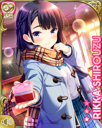  1girl black_eyes black_hair black_socks blue_bow blue_bowtie blue_skirt bow bowtie card_(medium) character_name full_body girlfriend_(kari) jacket loafers looking_at_viewer miniskirt official_art plaid_clothes plaid_skirt pleated_skirt qp:flapper school_uniform shirouzu_rikka shirt shoes skirt smile socks solo standing suspenders undressing white_shirt 