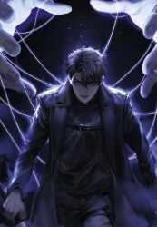  1boy 1other backlighting black_coat black_shirt blackbox_(blackbox9158) chest_belt coat giant glowing highres holding holding_sword holding_weapon looking_at_viewer official_art omniscient_reader's_viewpoint open_clothes open_coat puppet_strings shirt starry_sky_print sword third-party_source walking_towards_viewer weapon yoo_joonghyuk 