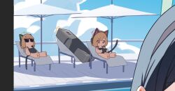  3girls animal_ears aris_(blue_archive) blonde_hair blue_archive cat_ears cat_tail chibi halo holypotato0 locker midori_(blue_archive) momoi_(blue_archive) multiple_girls pawpads pink_eyes pool sunglasses swimsuit tail yuzu_(blue_archive) 