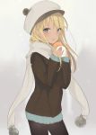  1girl bangs black_legwear blonde_hair blue_eyes cabbie_hat commentary cowboy_shot eating hat jacket long_hair looking_at_viewer lpip open_mouth original pantyhose ribbed_sweater scarf sleeves_past_wrists snow solo sweater tan teeth white_hat white_scarf 
