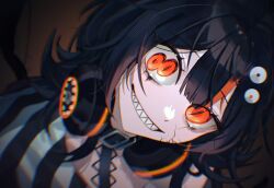  1girl animal_ears black_collar black_hair chromatic_aberration collar cracked_skin dark_persona extra_pupils fake_animal_ears grin hashtag-only_commentary headphones looking_at_viewer mahou_shoujo_no_majo_saiban multicolored_hair orange_eyes sawatari_coco shan_(shan_29387473) sharp_teeth slit_pupils smile solo spoilers streaked_hair teeth upper_body witch_(manosaba) 