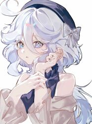  1girl ahoge blue_eyes blue_hair blue_hat cowlick dress drop-shaped_pupils eyelash_ornament furina_(genshin_impact) genshin_impact grey_ribbon hair_between_eyes hair_ornament haru_1un hat highres mismatched_pupils multicolored_hair off-shoulder_dress off_shoulder solo streaked_hair symbol-shaped_pupils white_background 