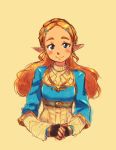  1girl ask1 black_gloves blue_eyes blue_shirt blush braid breasts closed_mouth crop_top fingerless_gloves fingernails forehead french_braid gloves hair_ornament hairclip hands_together highres long_hair long_sleeves looking_at_viewer orange_hair pointy_ears princess princess_zelda shirt simple_background sketch small_breasts smile solo tareme the_legend_of_zelda the_legend_of_zelda:_breath_of_the_wild thick_eyebrows triforce turtleneck undershirt upper_body white_shirt yellow_background 