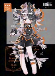  1girl animal_ear_fluff animal_ears barcode barefoot black_hair black_shirt black_shorts blunt_bangs blush cat_ears cat_girl commentary_request dated double_bun drop_shadow fang fish_skeleton_hair_ornament full_body grey_hair grey_shirt hair_bun hand_up long_sleeves looking_at_viewer mochimura_sorata multicolored_hair multiple_thigh_straps open_mouth original outline shirt short_hair shorts signature solo standing thick_eyebrows thigh_strap two-tone_hair two-tone_shirt watermark white_outline 