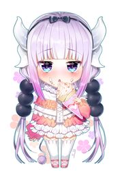  1girl bangs beads blue_eyes blunt_bangs blush capelet chibi dessert dragon_girl dragon_horns dress eyebrows_visible_through_hair floral_background food food_on_face frilled_dress frills fruit hair_beads hair_ornament hairband highres horns jitome kanna_kamui kobayashi-san_chi_no_maidragon lavender_hair long_hair looking_at_viewer pink_shoes shoes simeoneo solo strawberry tail thigh-highs twintails very_long_hair white_legwear 