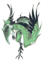  1boy androgynous bairizuomeng bird_boy bird_legs bird_tail claws digitigrade english_commentary feathered_wings feathers full_body green_hair highres human_head long_hair male_focus monster_boy original simple_background solo tail white_background wings 