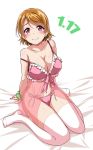  1girl babydoll bed_sheet blush bow bra breasts brown_hair cleavage commentary_request dated frilled_bra frills front-tie_top hair_ornament hairpin highres koizumi_hanayo large_breasts lingerie looking_at_viewer love_live! love_live!_school_idol_project navel no_shoes off_shoulder panties pink_bow pink_bra pink_panties polka_dot polka_dot_scrunchie scrunchie short_hair side-tie_panties sitting smile solo thigh-highs underwear violet_eyes wariza white_legwear wrist_scrunchie yopparai_oni 