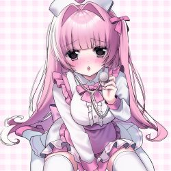  1girl apron arm_between_legs black_eyes blunt_bangs blush bow commentary frilled_apron frills furrowed_brow hair_bow hat holding holding_stethoscope long_hair long_sleeves nurse_cap one_side_up open_mouth original pink_apron pink_bow pink_hair pink_shoes plaid_background shirt shoes sitting solo stethoscope stethoscope_around_neck teeth thigh-highs upper_teeth_only usausausabarasi wariza white_shirt white_thighhighs yami_kawaii 