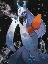 absurdres blue_eyes blue_sclera breath colored_sclera froslass highres horns ice ice_horns mega_froslass mega_pokemon no_humans open_mouth pokemon pokemon_(creature) pokemon_focus pokemon_legends:_z-a reo_(mmocc123) solo yellow_sclera